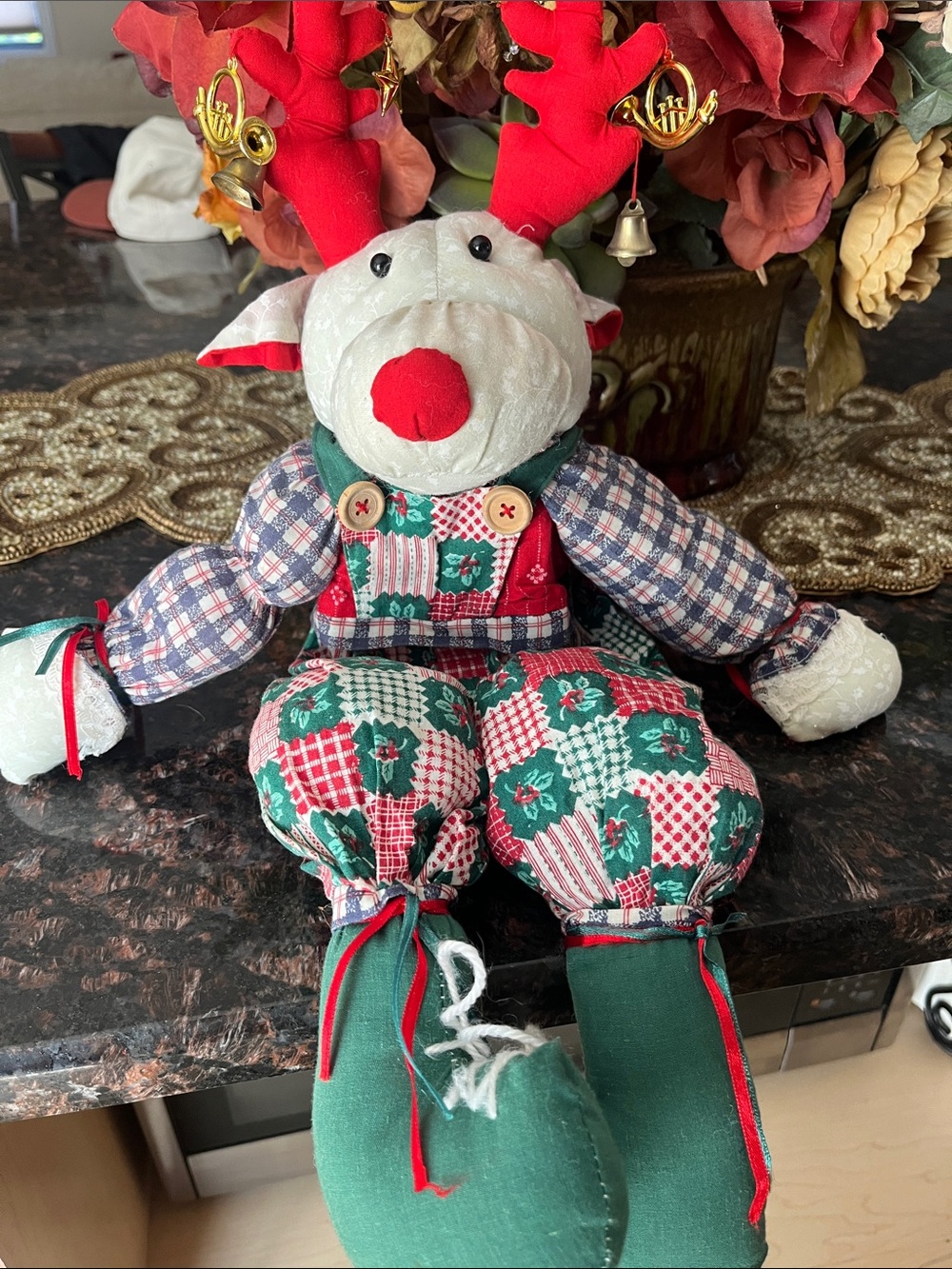 Festive Red & Green Plush Patchwork Posable Reindeer Mantle Sitter